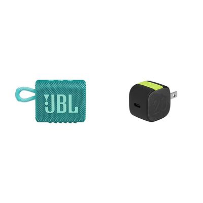 JBL Go 3: Portable Speaker with Bluetooth, Built-in Battery, Waterproof and Dustproof Feature - Teal and InfinityLab InstantCharger 20W 1 USB Compact USB-C PD Charger (Black)