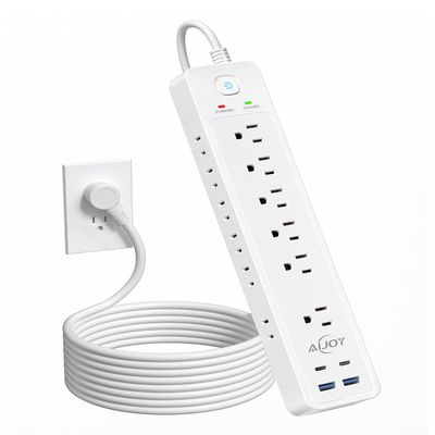 AiJoy Surge Protector Power Strip(1500J), 5Ft Extension Cord with 12 Outlets and 4 USB Ports for iPhone 15/15 Plus/15 Pro/15 Pro Max, Wall Mount Flag Plug for Home, Office, White