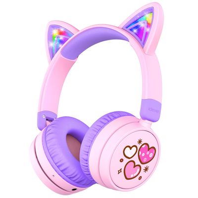 iClever Kids Bluetooth Headphones, Light Up Cat Ear,60H Playtime, USB C Fast Charging, Safe Volume 74/85dBA, Bluetooth 5.3,Toddler Headphones Wireless for iPad Tablets Travel,Meow Cookies-Peach Pink