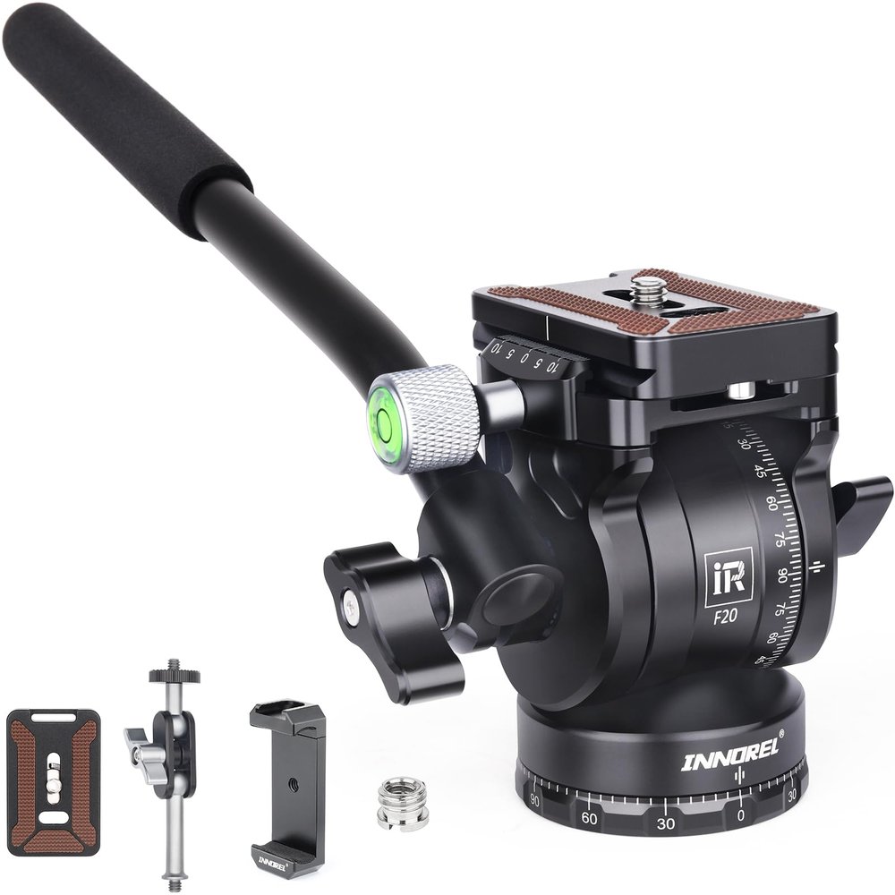 INNOREL F20 Fluid Head,Tripod Pan Tilt Head Mini Pan Metal Camera Video Tripod Head with 2 Arca Swiss Quick Release Plates, Handle, Magic Arm & Phone Clip for Video DSLR Cameras, Max Load 11lb/5kg