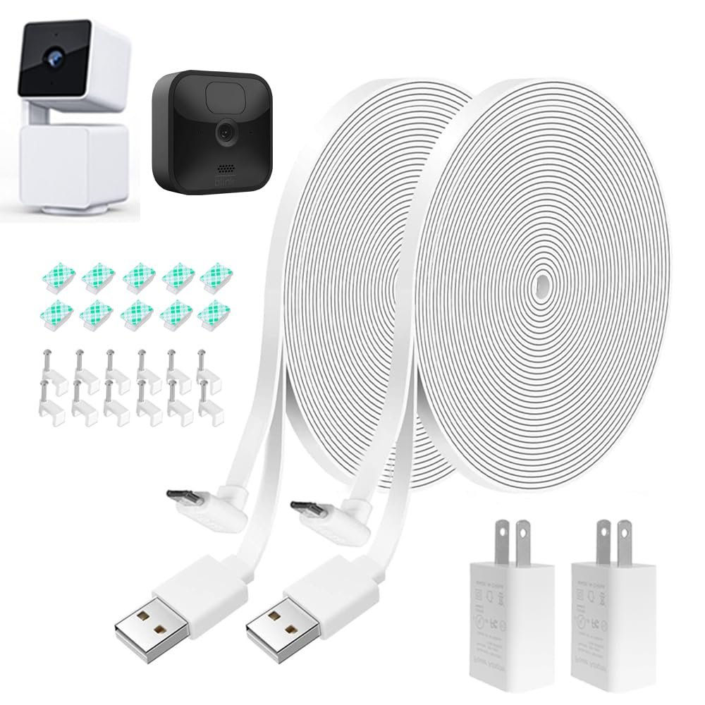 20FT L-Shaped Connector Power Extension Cable with Charger for Wyze Cam Pan V3, Blink Outdoor (3rd Gen), Flat Weatherproof Charging Power Cord and Adapter (Not for WyzeCam V3), White, 2Pack