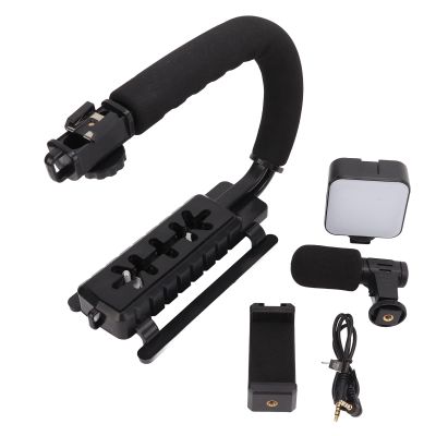 Handheld Camera Stabilizer Bracket,Portable U Shape Video Holder with LED Fill Light and Microphone for Interview Photography Portable DV Bracket Studio Kit Cold Shoe Tripod Head All Cameras Home