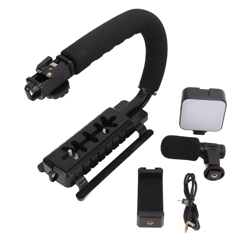 Handheld Camera Stabilizer Bracket,Portable U Shape Video Holder with LED Fill Light and Microphone for Interview Photography Portable DV Bracket Studio Kit Cold Shoe Tripod Head All Cameras Home