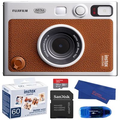 Fujifilm INSTAX MINI EVO Hybrid Instant Camera (Brown) Bundle, Includes: 60 INSTAX Mini Film (60 Exposures), SanDisk 32GB MicroSDHC Memory Card and More (5 Items)