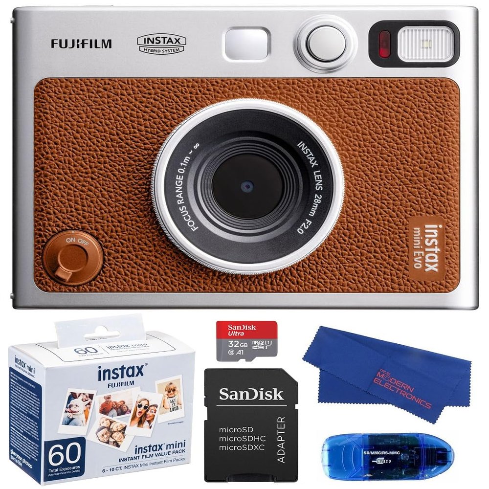 Fujifilm INSTAX MINI EVO Hybrid Instant Camera (Brown) Bundle, Includes: 60 INSTAX Mini Film (60 Exposures), SanDisk 32GB MicroSDHC Memory Card and More (5 Items)
