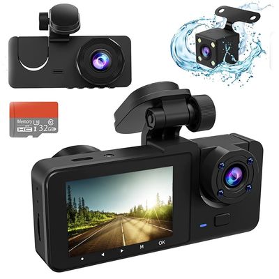 1080P Full HD 170 Deg Wide Angle Dashboard Camera with 32GB SD Card,3 Channel Dash Cam Front and Rear Inside,2.0 inch IPS Screen,Built in IR Night Vision,Parking Mode,G-Sensor,Loop Recording