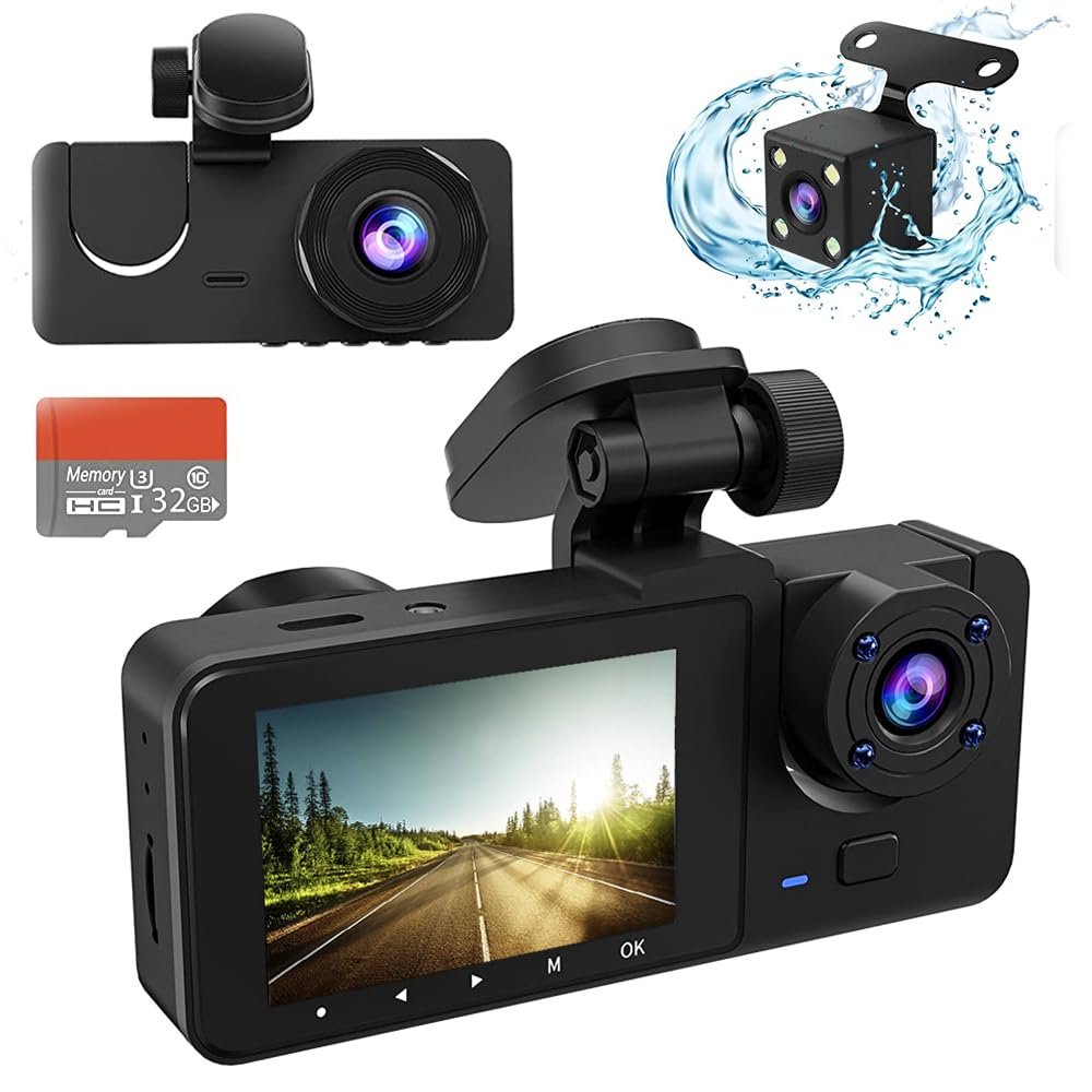 1080P Full HD 170 Deg Wide Angle Dashboard Camera with 32GB SD Card,3 Channel Dash Cam Front and Rear Inside,2.0 inch IPS Screen,Built in IR Night Vision,Parking Mode,G-Sensor,Loop Recording
