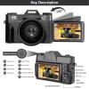 Digital Camera, 4K Vlogging Camera for YouTube 56MP 16X Digital Zoom Manual Focus Students Compact Photography Camera with 52mm Wide-Angle & Macro Lens, 32G TF Card and 2 Batteries(Black) view 4