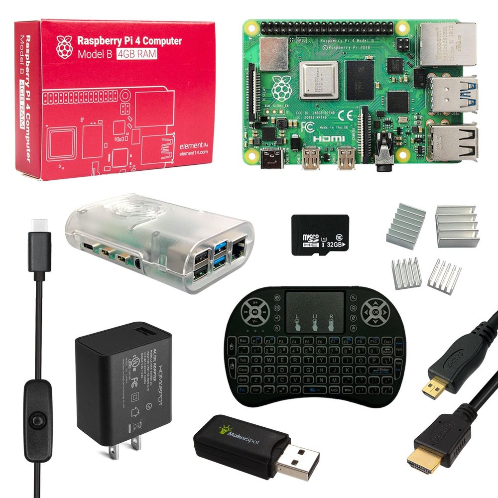 MakerSpot, Raspberry Pi 4 Model B Starter Kit with 5v3a UL Listed Charger HDMI Cable Heat Sink, 32GB MicroSD Card & Mini Wireless Keyboard