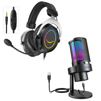 FIFINE Gaming USB Microphone and Over-Ear Headset Wired, PC Computer Mic with 4 Polar Patterns for Podcast Streaming Conference YouTube, Gamer Headset with 3.5mm Audio Jack, for Xbox(A8Plus+H3)