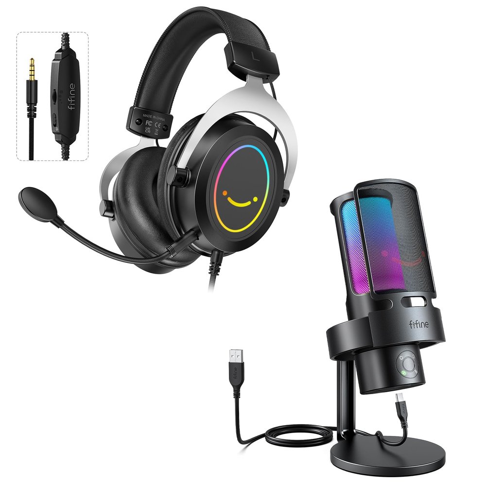 FIFINE Gaming USB Microphone and Over-Ear Headset Wired, PC Computer Mic with 4 Polar Patterns for Podcast Streaming Conference YouTube, Gamer Headset with 3.5mm Audio Jack, for Xbox(A8Plus+H3)