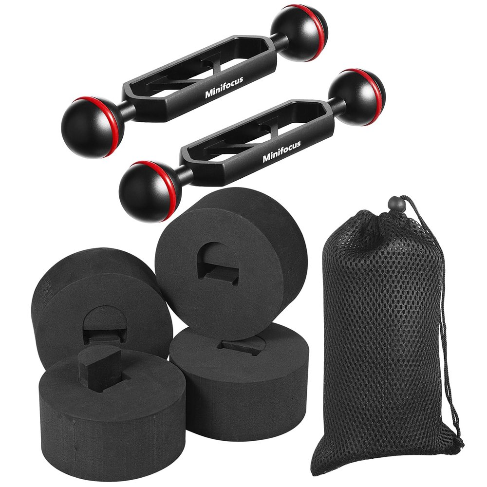MINIFOCUS 4PCS Underwater Camera Buoyancy Kits & 5" Double Ball Aluminum Alloy Extension Arm