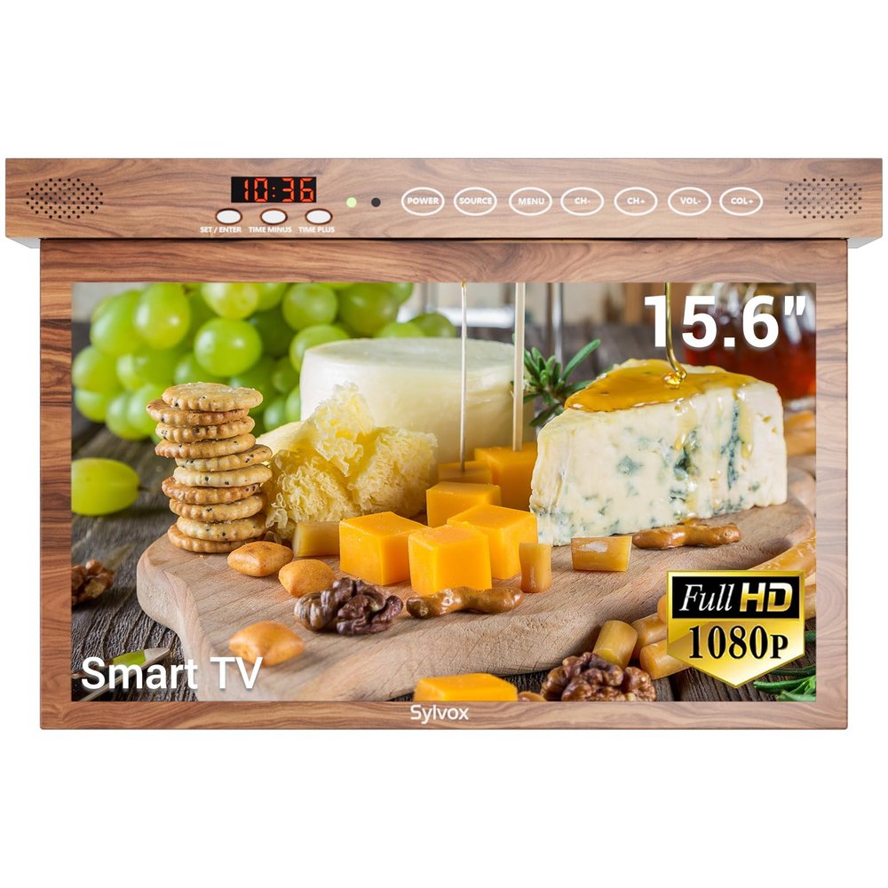 SYLVOX Kitchen TV, 15.6-Inch Under Cabinet Television, 1080P FHD, Smart Google TV OS, 178 Wide Viewing for RV, Bedroom, Boat and More, Mahogany