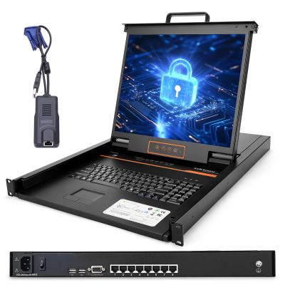 1U Rack Mount KVM Console w/8 Port Cat5 KVM Switch +8 VGA to RJ45 Dongles, 19" Rackmount Monitor and Keyboard, OSD/Hotkey/Button Switching,12801024@60Hz,Support Windows, Linux, Mac and Sun