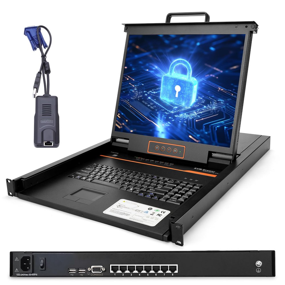 1U Rack Mount KVM Console w/8 Port Cat5 KVM Switch +8 VGA to RJ45 Dongles, 19" Rackmount Monitor and Keyboard, OSD/Hotkey/Button Switching,12801024@60Hz,Support Windows, Linux, Mac and Sun
