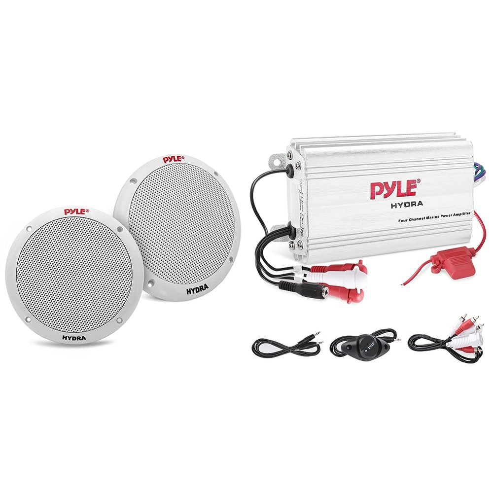 Pyle 6.5 Inch Dual Marine Speakers - 2 Way Waterproof and Weather Resistant Outdoor Stereo Sound System Bundle with 400 Watt 4 Channel Micro Amplifier