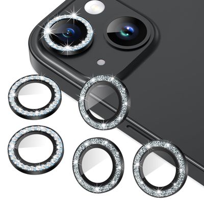 AGVEE 3+3 6 Pack for iPhone 15 6.1" / 15 Plus 6.7" Camera Lens Protector, Bling Diamond & Bling Glitter Metal Ring 9H Tempered HD Glass Camera Cover Film, Bling-Black