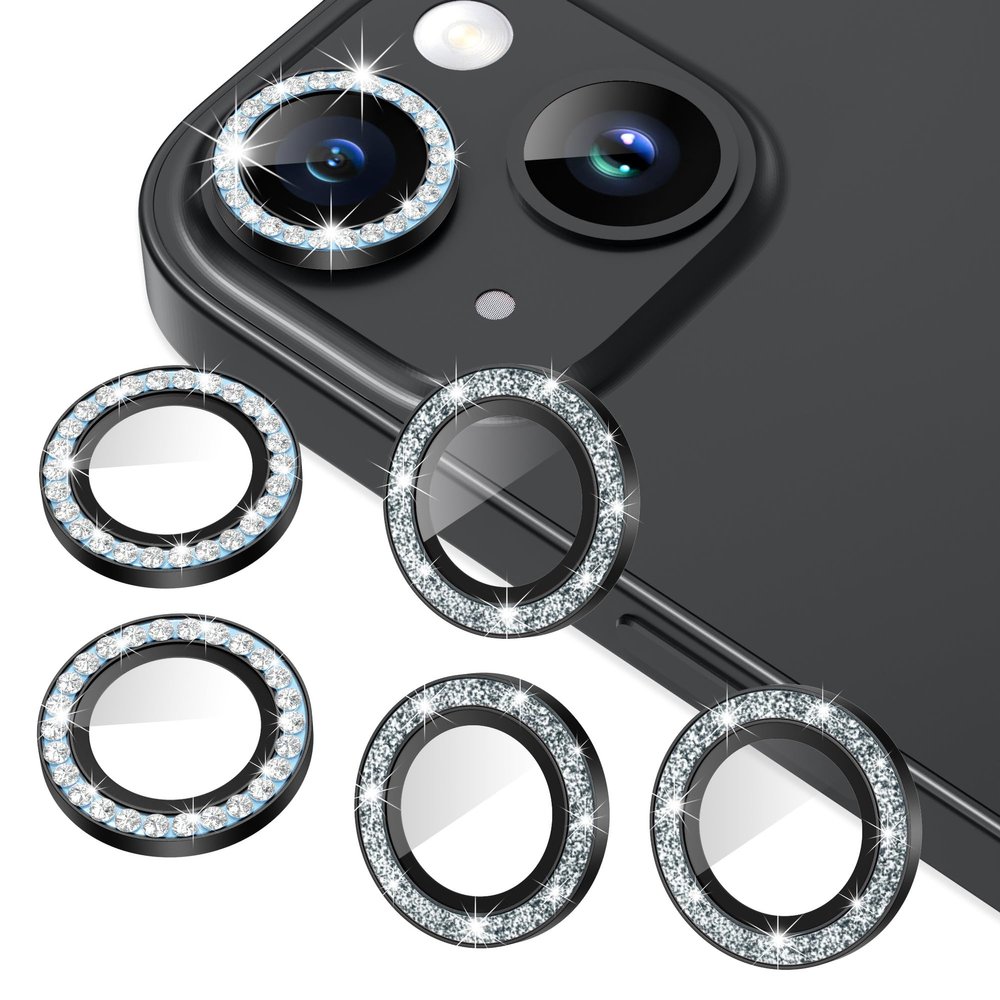 AGVEE 3+3 6 Pack for iPhone 15 6.1" / 15 Plus 6.7" Camera Lens Protector, Bling Diamond & Bling Glitter Metal Ring 9H Tempered HD Glass Camera Cover Film, Bling-Black