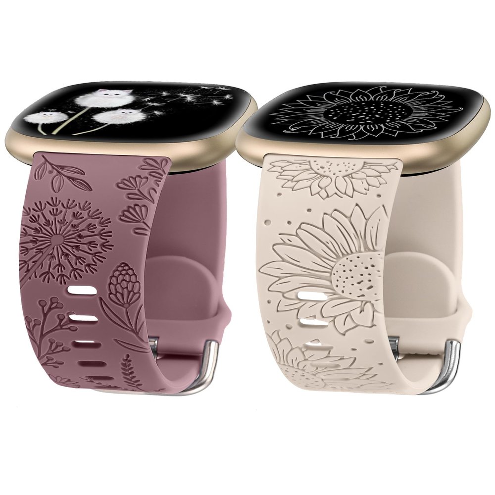 Minyee 2 Packs Floral Engraved Band Compatible with Fitbit Versa 4/Versa 3/Sense 2/Sense Band Women, Cute Silicone Dandelion Sunflower Design Soft Sport Fancy Summer Strap for Sense 2