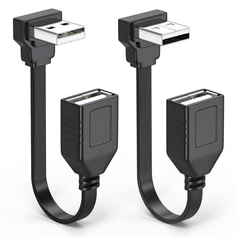 2PCS 90 Degree USB2.0 Extension Cable Flat Right Angle USB Male to Female Adapter, Soft 4Inch-10CM USB Cable UP Angle + Down Angle on Each, for Car Carplay