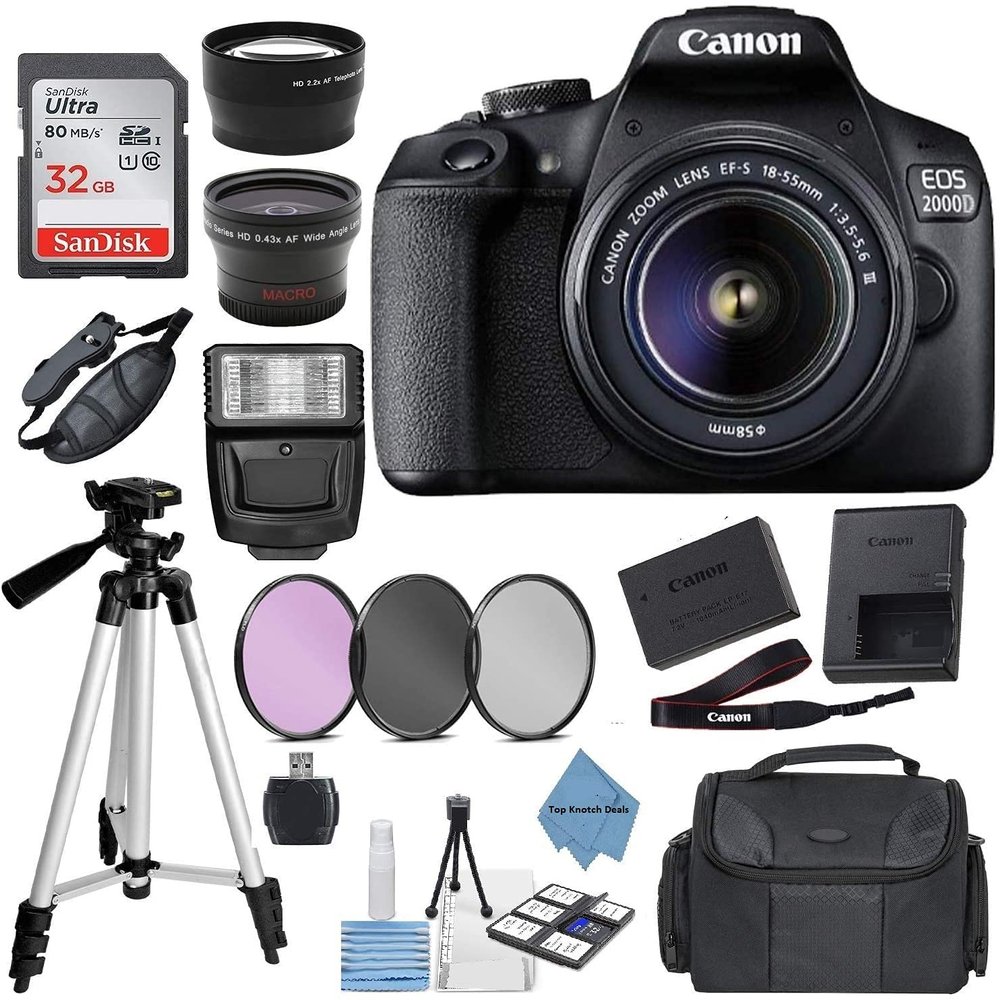 Canon EOS 2000D Rebel T7 Kit with EF-S 18-55mm f/3.5-5.6 III Lens + Accessory Bundle +TopKnotch Deals Cloth (Renewed)