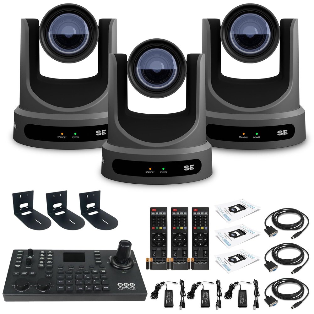 PTZOptics 3 x Move SE PTZ Camera with 12x Optical Zoom (PT12X-SE-GY-G3) + SuperJoy PTZ Controller + 3 x Mount