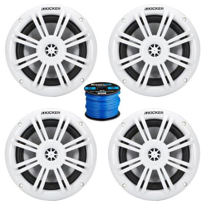 2 Pair (QTY 4) of Kicker KM 6.5" 150 Watt Peak Power 4 Ohm Coaxial Marine White Boat Audio Speakers, Speaker Wire