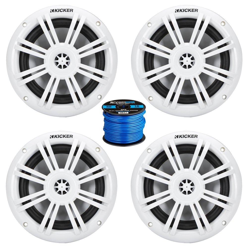 2 Pair (QTY 4) of Kicker KM 6.5" 150 Watt Peak Power 4 Ohm Coaxial Marine White Boat Audio Speakers, Speaker Wire