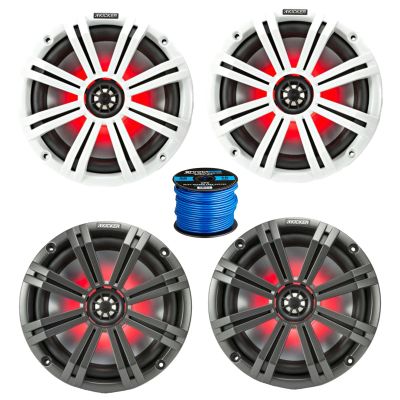 2 Pair (Qty 4) of Kicker KM 8" 300 Watt Peak Power Marine Multi Color LED Coaxial Boat Speakers with Charcoal and White Grilles, Speaker Wire