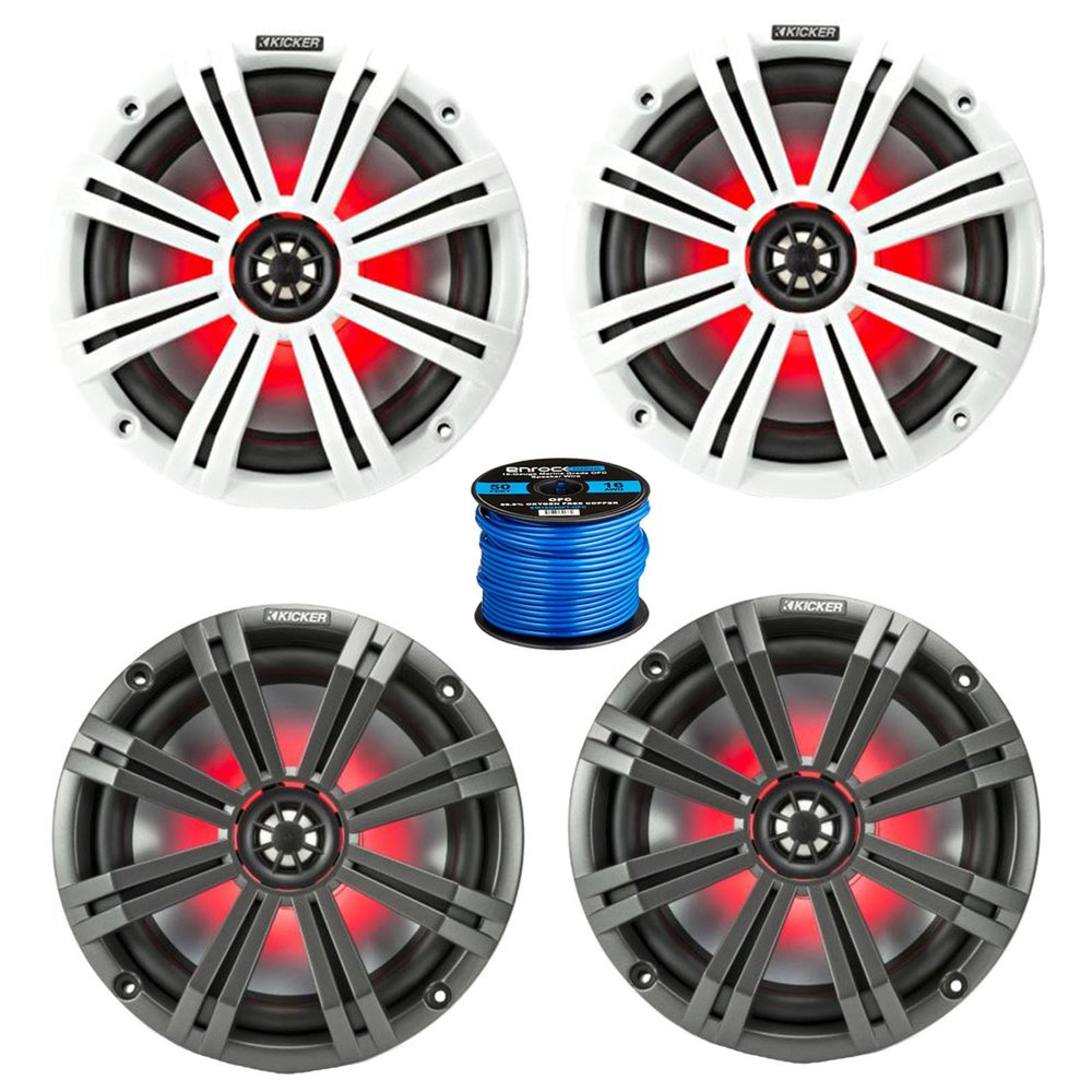 2 Pair (Qty 4) of Kicker KM 8" 300 Watt Peak Power Marine Multi Color LED Coaxial Boat Speakers with Charcoal and White Grilles, Speaker Wire