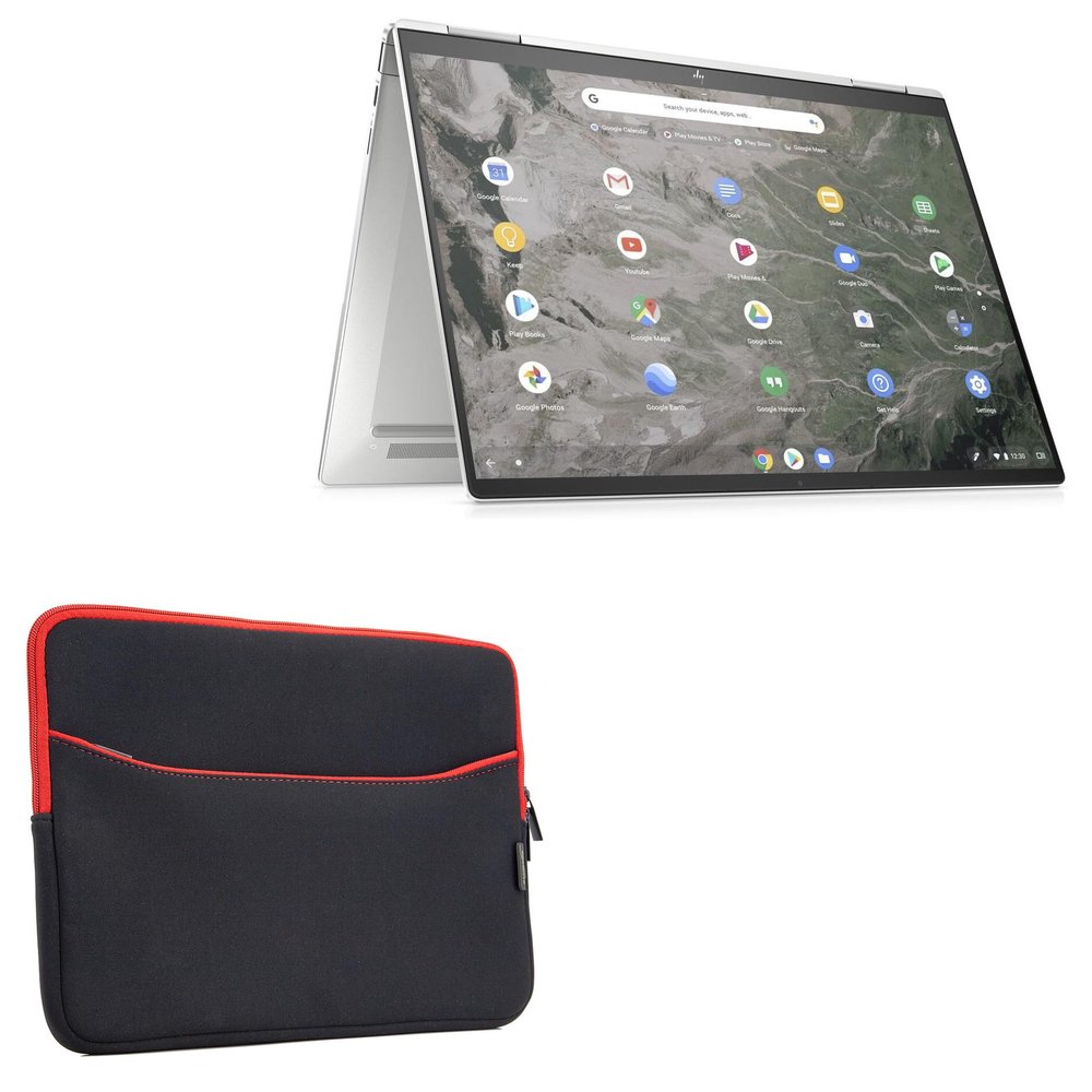 BoxWave Case Compatible with HP Elite c1030 Chromebook - SoftSuit with Pocket, Soft Pouch Neoprene Cover Sleeve Zipper Pocket - Jet Black with Red Trim