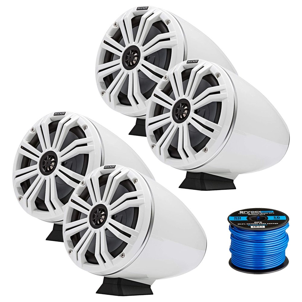 2 Pair (Qty 4) of Kicker KMFC 8" 300 Watt Peak Power Flat Surface Mount Marine Loaded White Boat Tower Speaker Cans with Multi Color LED Lighting, Speaker Wire