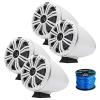 2 Pair (Qty 4) of Kicker KMFC 8" 300 Watt Peak Power Flat Surface Mount Marine Loaded White Boat Tower Speaker Cans with Multi Color LED Lighting, Speaker Wire view 1