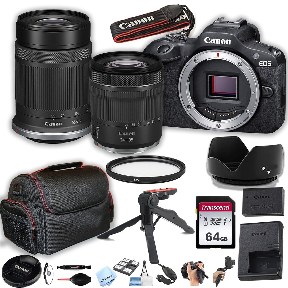 Canon EOS R100 Mirrorless Camera with 24-105mm Lens + 55-210mm Lens + 64GB Memory Card, Case, Hood, Grip-Pod, Filter Professional Photo Bundle (Renewed)