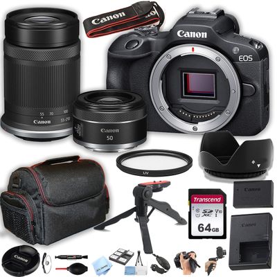 Canon EOS R100 Mirrorless Camera with 50mm Prime Lens + 55-210mm Lens + 64GB Memory Card, Case, Hood, Grip-Pod, Filter Professional Photo Bundle (Renewed)
