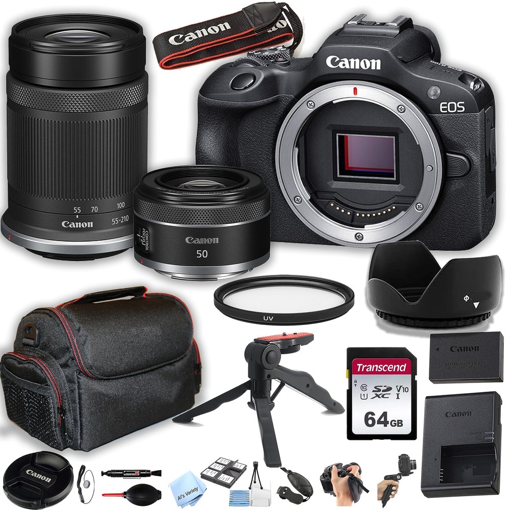 Canon EOS R100 Mirrorless Camera with 50mm Prime Lens + 55-210mm Lens + 64GB Memory Card, Case, Hood, Grip-Pod, Filter Professional Photo Bundle (Renewed)