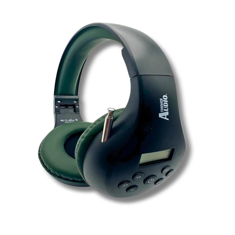 THINGS AUDIO Portable Personal FM Radio Headphones Pull-Out Antenna for Great Reception, Walking, Jogging, Relaxing, School, Talk Radio - Powered by 2AA Batteries (Not Included) (Black & Army Green)