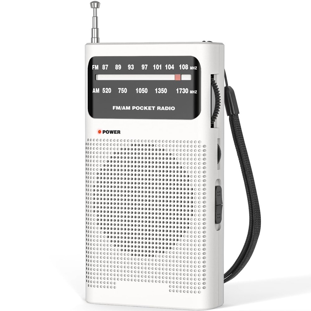Goodes AM FM Radio Portable for Home Outdoor, Transistor Radio 2AA Battery Operated with Long Range Reception, Loud Speaker, Transistor Antenna, Earphone Jack, Small Gifts for Seniors Elderly-White