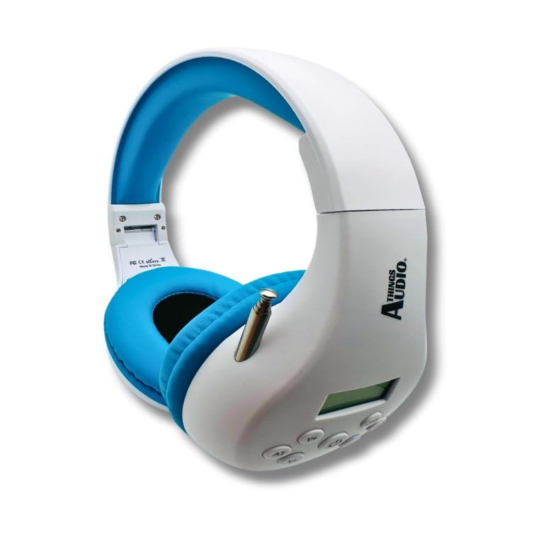 THINGS AUDIO Portable Personal FM Radio Headphones Pull-Out Antenna for Great Reception, Walking, Jogging, Relaxing, School, Talk Radio - Powered by 2AA Batteries (Not Included) (White & Blue)