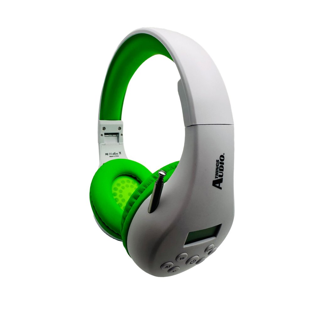 THINGS AUDIO Portable Personal FM Radio Headphones, White & Lime Green