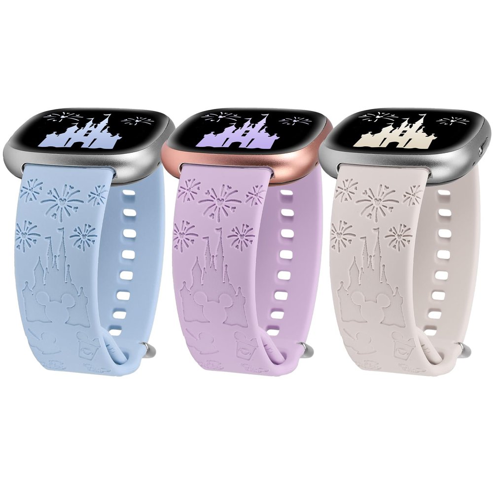 Girovo 3 Pack Cartoon Engraved Band Compatible with Fitbit Versa 4 Bands/Fitbit Versa 3 Bands/Sense/Sense 2 Band Women, Cute Soft Silicone Replacement Bracelet Sport Designer Fancy Strap for Versa 4