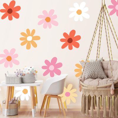 TaoBary 12 Sheet Daisy Wall Sticker Decal Removable Cute Daisy Bedroom Room Decor Flower Wall Sticker Pink White Flower Decal Wallpaper Peel and Stick for Nursery Home(Bright Color,Minimalist Style)