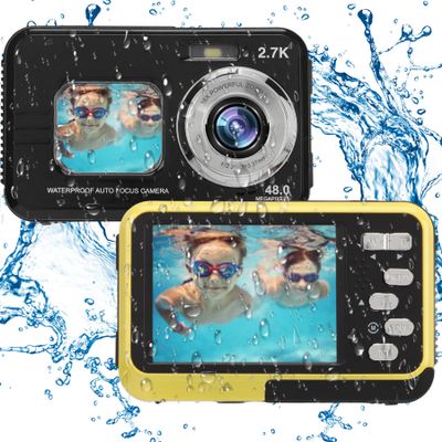 Waterproof Camera 11.5ft Underwater - 48MP Video Output 16X Digital Zoom Digital Camera, Anti Shake Waterproof Vlog Camera with 1.7in + 2.8in Dual HD Screen (Yellow)