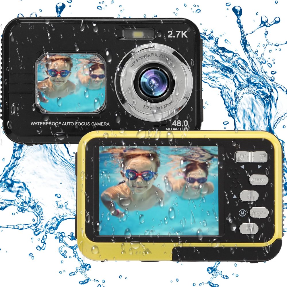 Waterproof Camera 11.5ft Underwater - 48MP Video Output 16X Digital Zoom Digital Camera, Anti Shake Waterproof Vlog Camera with 1.7in + 2.8in Dual HD Screen (Yellow)