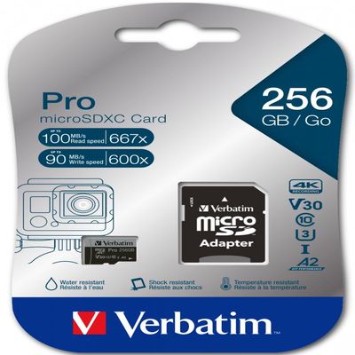 Verbatim Pro U3 256GB microSDXC Memory Card, Black, Class 10, UHS-I (U3)