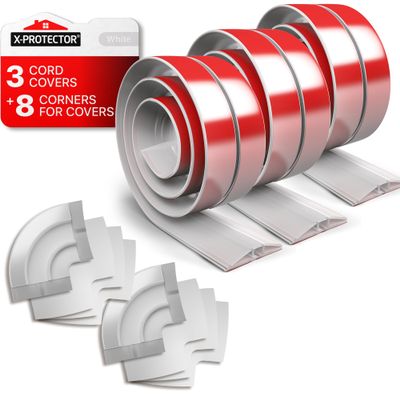 X-Protector 3 White Floor Cord Covers + 8 Corners 5 Overfloor Cord Protector Self-Adhesive Power Cable Protector Silicone Cord Protector Ideal Extension Cord Cover to Protect Wires