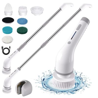 H3EXPERTS Electric Spin Scrubber 8-in-1 with MOP Clip - Adjustable Extension Arm & 8 Replaceable Brushes - Cordless Cleaning Power Shower Grout Scrubber for Kitchen, Bathroom, Tub, Tile, Floor