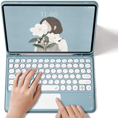 AnMengXinLing Galaxy Tab S10 Plus/S9 FE Plus/S9 Plus Keyboard Case with Touchpad,Round Keys Detachable Bluetooth Keyboard Leather Folio Cover for 12.4 Inch Galaxy S10+/S9 FE+/S9+ (Blue)