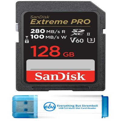 SanDisk 128GB SD Extreme Pro UHS-II Memory Card Works with Nikon Z8 Nikon Z6 II, Nikon Z9 Mirrorless Camera (SDSDXEP-128G-GN4IN) Bundle with 1 Everything But Stromboli 3.0 Micro & SDXC Card Reader