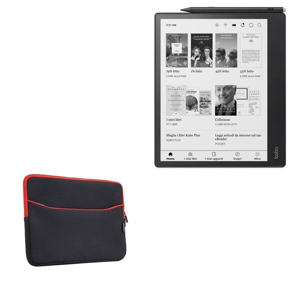 BoxWave Case Compatible with Kobo Elipsa 2E - SoftSuit with Pocket, Soft Pouch Neoprene Cover Sleeve Zipper Pocket - Jet Black with Red Trim